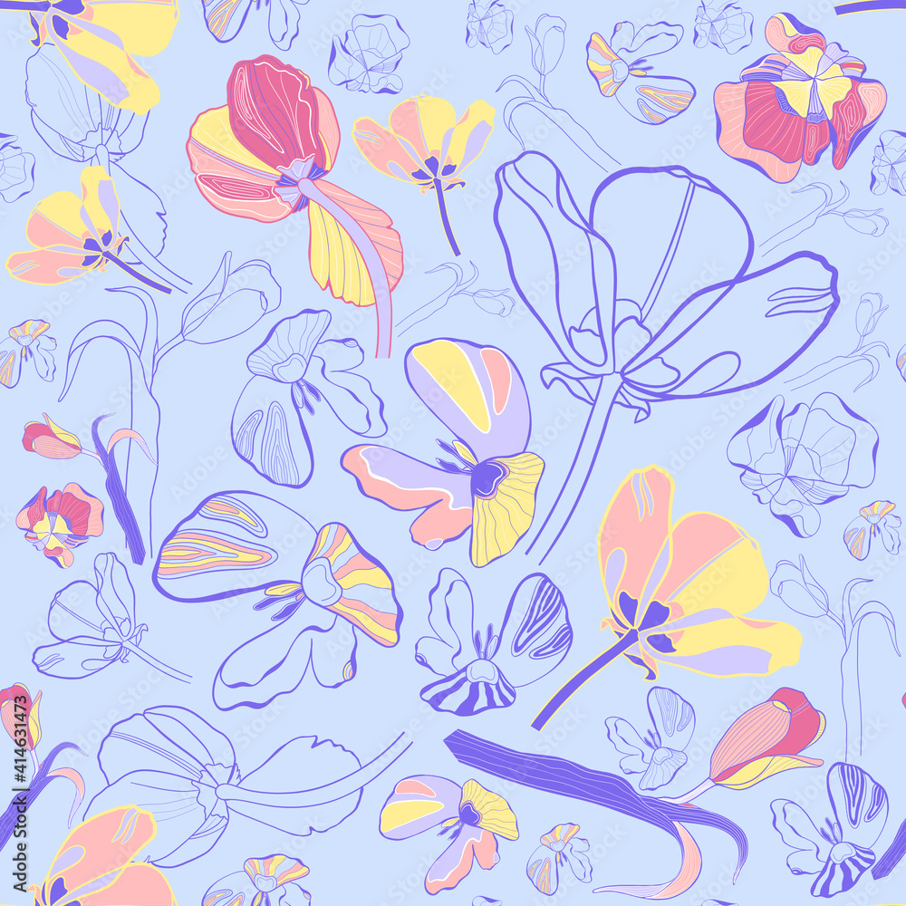 Seamless floral pattern with tulips. Flowers on a blue background.