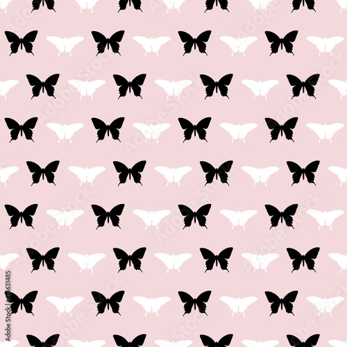 Black white and pink butterfly seamless vector pattern.