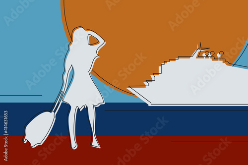 Active modern and stylish lady is going to marine cruise. Flat and minimal silhouette in strong colors of blue and red. Huge sun and liner on the background. Abstract happy summer vacation poster.