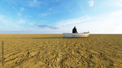 Concept or conceptual desert landscape with a man in a boat as a metaphor for global warming and climate change. A warning for the need to protect our environment and future 3d illustration