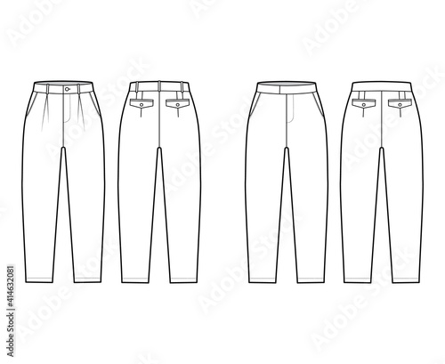 Set of Short capri pants technical fashion illustration with mid-calf length, normal waist, high rise, slashed, flap pocket. Flat breeches bottom front, back, white color style. Women, men CAD mockup
