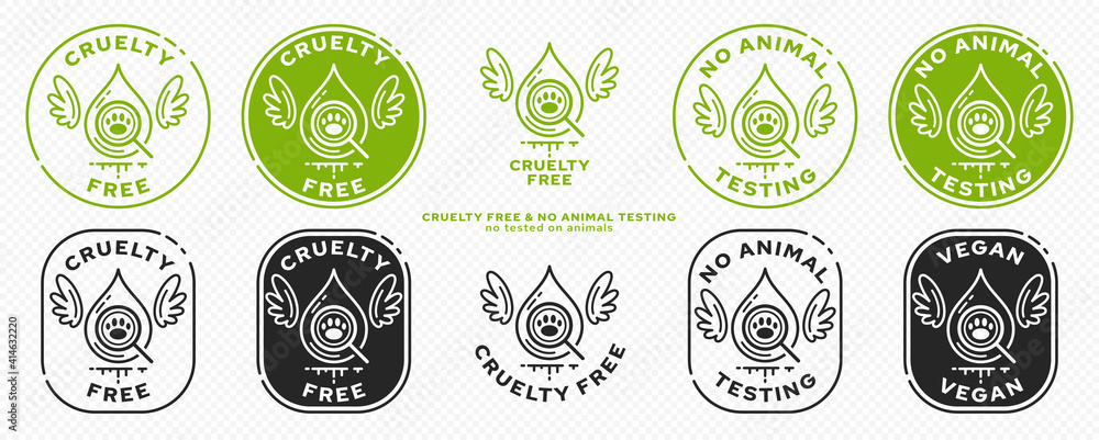 Concept for product packaging. Marking - cruelty free and not tested on animals. The symbol of test drops of animals with wings - as a symbol of freedom from testing. Vector set. Concept for product packaging. Marking - cruelty free and not tested on animals. The symbol of test drops of animals with wings - as a symbol of freedom from testing. Vector set.