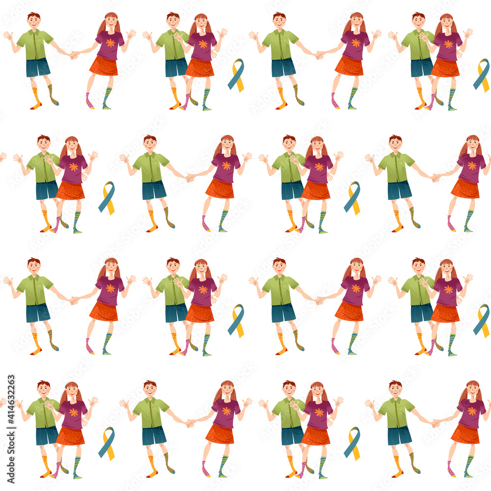 Smiling boy and girl with Down Syndrome. World Down Syndrome Day. Seamless background pattern.