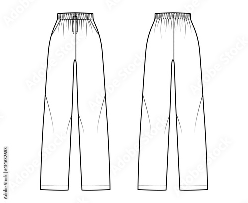 Pajama pants technical fashion illustration with elastic normal waist, high rise, full length, drawstrings, pockets. Flat trousers apparel template front back, white color. Women men unisex CAD mockup