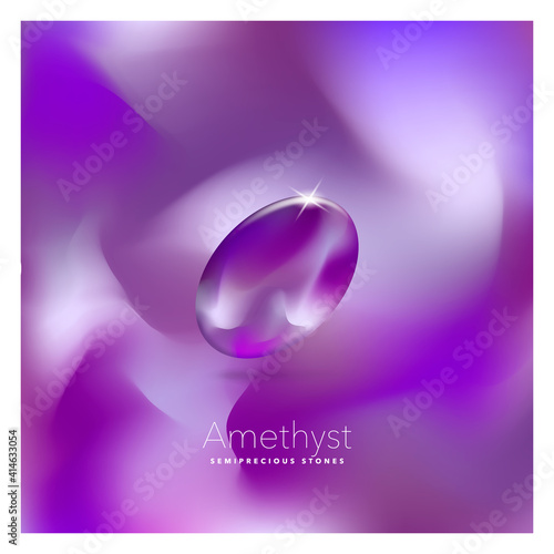 Amethyst. Semi-precious stone mineral. Icon on an abstract background with a title. Beautiful vector illustration.