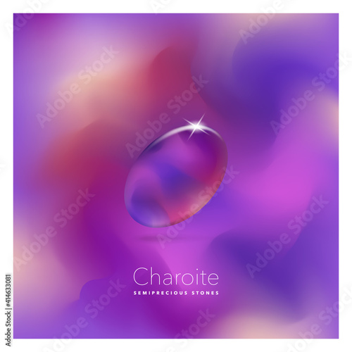 Charoite. Semi-precious stone mineral. Icon on an abstract background with a title. Beautiful vector illustration.