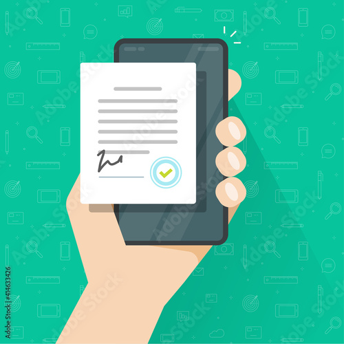 Person signed mobile digital agreement form online or contract document on smart cellular phone with seal stamp vector flat, concept of electronic success partnership deal on smartphone cellphone