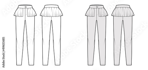 Pants peplum technical fashion illustration with extended normal waist, high rise, full length, frilled skirt. Flat bottom apparel template front, back, white grey color. Women men unisex CAD mockup