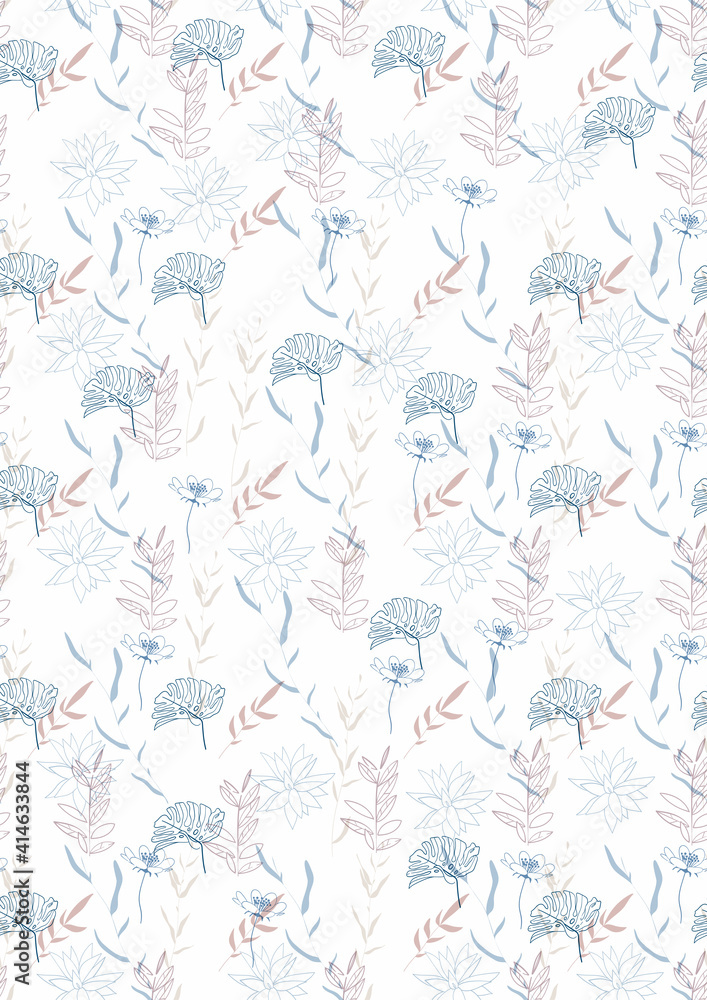 Abstract seamless pattern in A4 size. Aesthetic minimalist background for cover design, interiors, web, social networks. Fashionable bright illustration with shapes, doodles, flowers, plants, leaves.