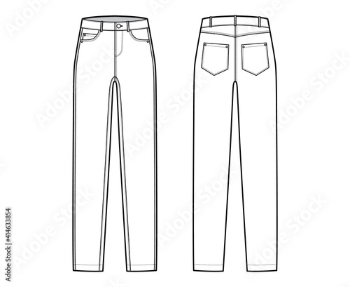 Skinny Jeans Denim pants technical fashion illustration with full length, normal waist, high rise, curved, coin, angled 5 pockets, Rivets. Flat template front, back, white color style. Men CAD mockup