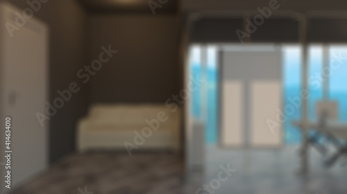 Unfocused, Blur phototography.  Modern office building interior. 3D rendering.. Blank paintings. © COK House