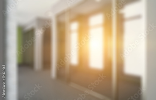 Unfocused, Blur phototography. Modern meeting room. 3D rendering.. Empty office. Sunset.