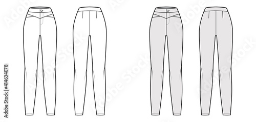 Yoked pants technical fashion illustration with normal waist, high rise, full length, fitted body. Flat casual bottom trousers apparel template front, back, white grey color. Women unisex CAD mockup