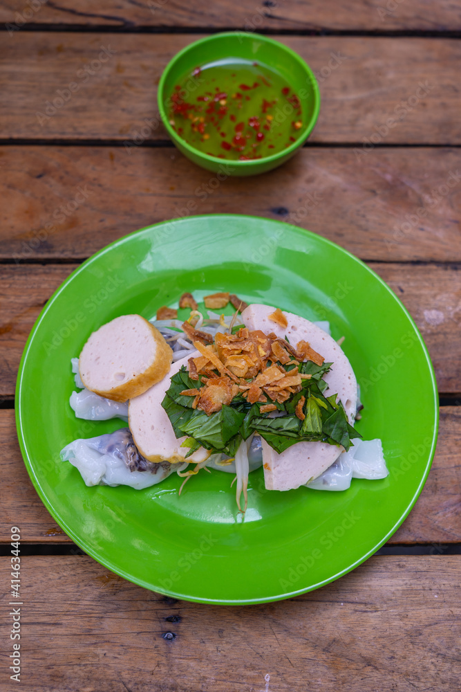 Vertical top view photo of Vietnamese steamed rice noodle rolls - Banh Cuon Vertical top view photo of Vietnamese steamed rice noodle rolls - Banh Cuon