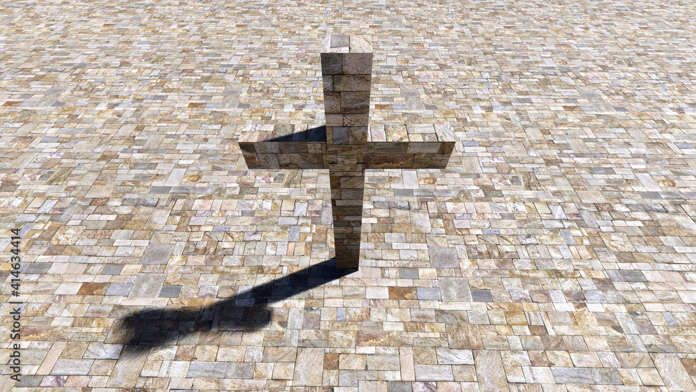 Concept or conceptual cross on a vintage pattern limestone background. 3d illustration metaphor for God, Christ, Christianity, religious, faith, holy, spiritual, Jesus, belief or resurection