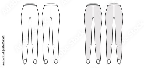 Stirrup Pants knit technical fashion illustration with normal waist, high rise, full length. Flat sport training, casual trousers template front, back, white grey color. Women men unisex CAD mockup