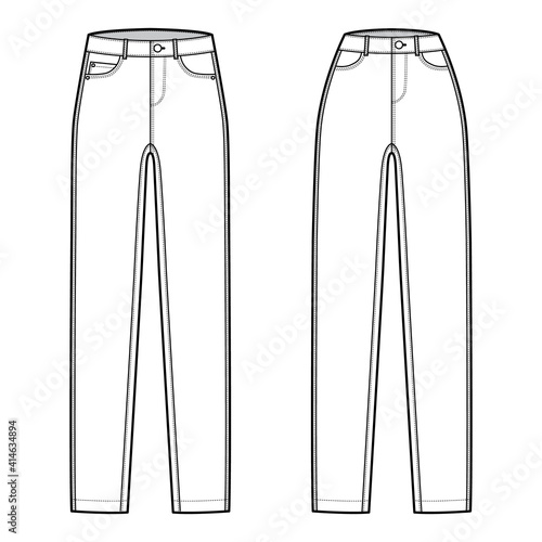 Set of Skinny Jeans Denim pants technical fashion illustration with full length, normal waist, high rise, 5 pockets, Rivets. Flat bottom template front, white color style. Women, men CAD mockup