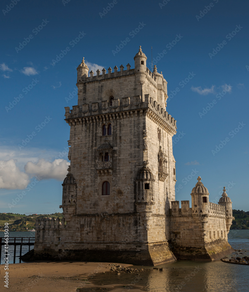 Views of the Belem Tower, a 16th century fortification located in Lisbon, Portugal