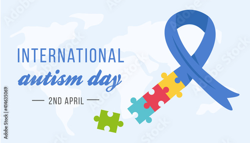 International Autism Awareness Day Banner. Blue ribbon with colorful puzzle pieces. Jigsaw mosaic as symbol of children with Autism disorder. Social Difficulty. Mental disability. Vector Illustration.