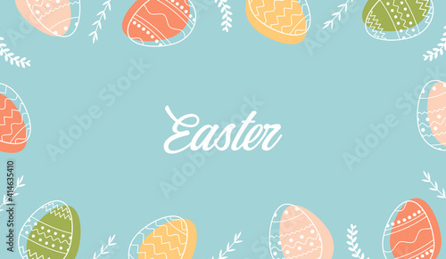 Festive frame template with trendy outlined geometric pattern on Easter Eggs. Decorative horizontal banner with eggs and leaves on blue background. Vector border for holiday with place for text.