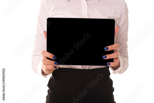 A Girl holding a tablet for advertising