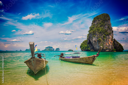 Long tail boats on beach, Thailand photo