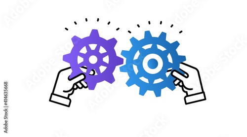 Hands holding two gears jigsaw puzzle pieces together to find a solution.Theory and practice concept. Flat design vector illustration