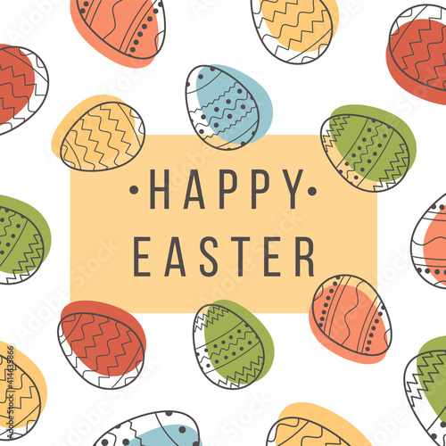 Square greeting card Happy Easter with decorated eggs on white background. Festive banner template with trendy outlined geometric pattern with black line on Easter Eggs. Flat Vector illustration.
