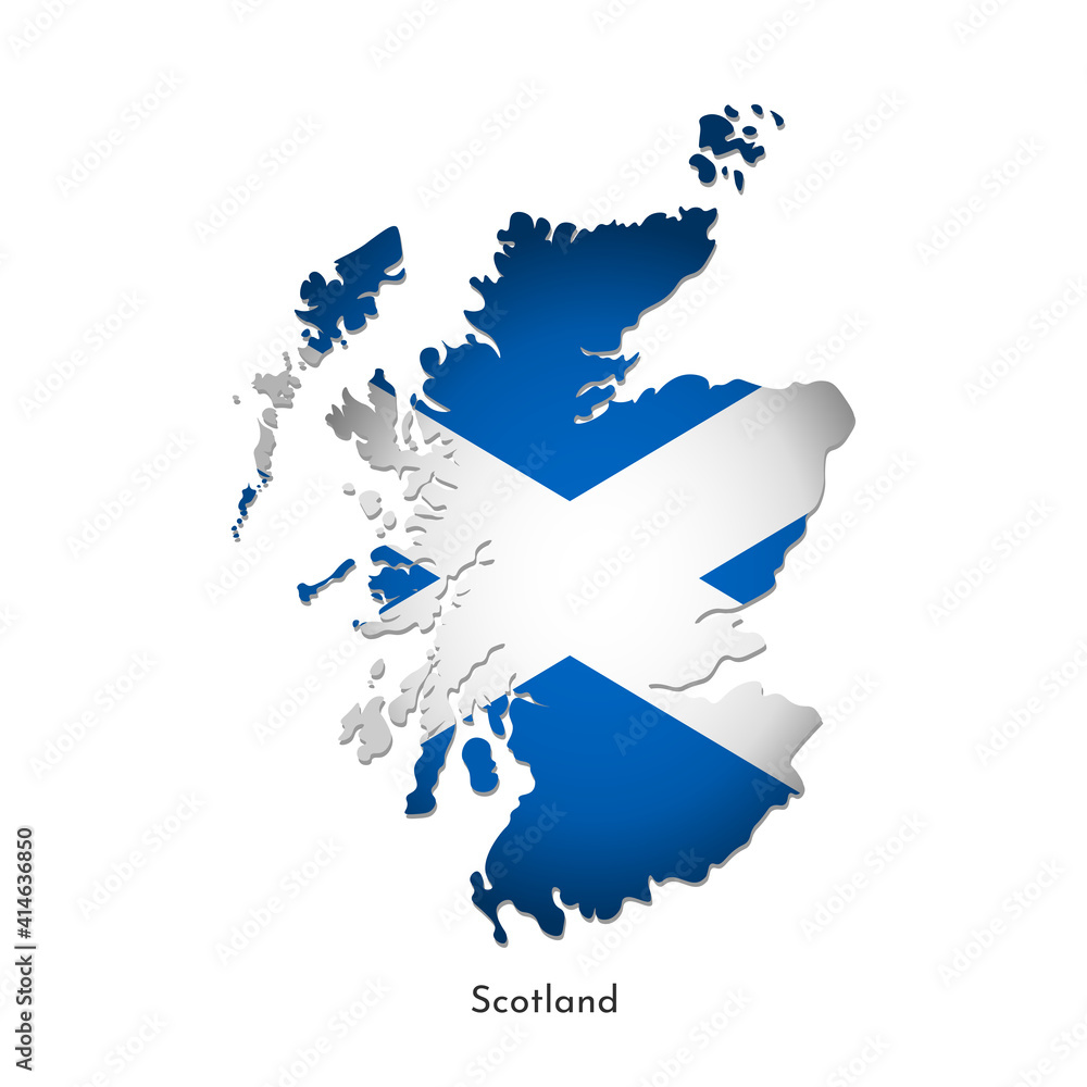 Vector isolated illustration with flag and simplified map of Scotland (United Kingdom of Great Britain and Northern Ireland). Volume shadow on the map. White background