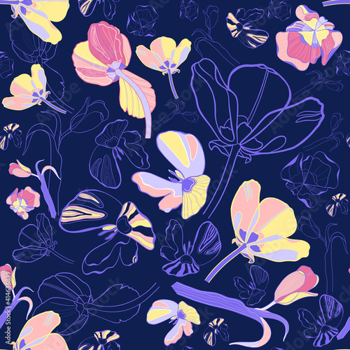 Seamless floral pattern with tulips. Flowers on a dark purple background.
