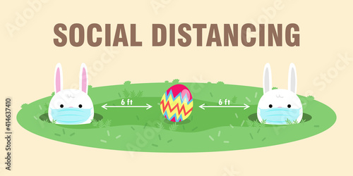 happy Easter eggs for new normal and social distancing infographic protect coronavirus covid 19, little rabbit wearing a mask and colorful Easter eggs cartoon character flat style on background vector