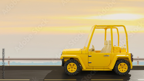Yellow Car on Country road at sunrise. Copy space for your text, 3D Render.