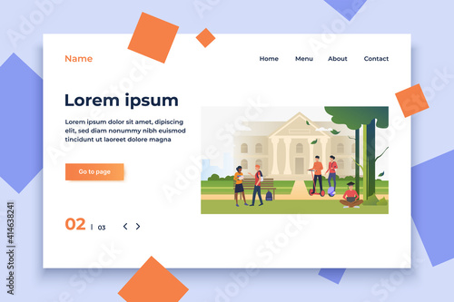 Students walking and chatting in campus park. Information, university, nature concept. Vector illustration can be used for topics like knowledge, relaxation, education