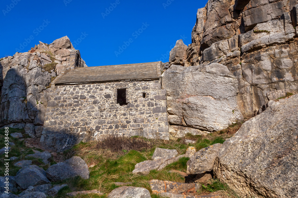 St Govan's Chapel in Bosherston Pembrokeshire South Wales UK which is a 14th century medieval building and a popular tourist travel destination attraction landmark, stock photo image