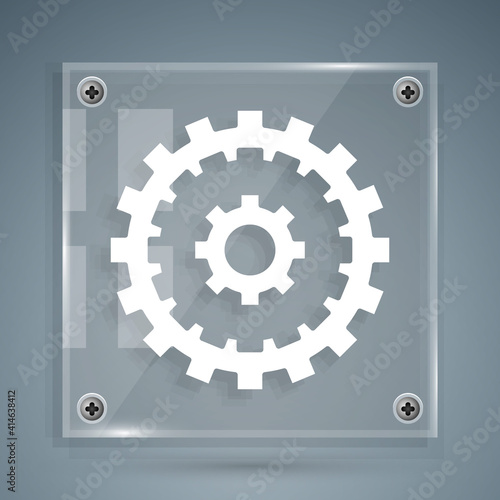 White Bicycle cassette mountain bike icon isolated on grey background. Rear Bicycle Sprocket. Chainring crankset with chain. Square glass panels. Vector.