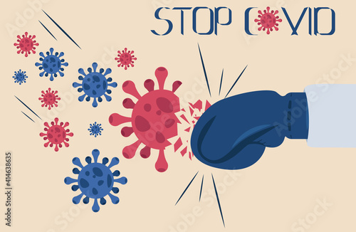 A blow to the coronavirus. Stop coronavirus (covid-19) illustration. Infectious disease epidemic concept art poster. The concept of vaccination. 