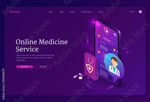 Online medicine service banner. Virtual medical consultation with doctor on mobile phone. Vector landing page of digital healthcare help with isometric smartphone, chat with physician, pills and drugs