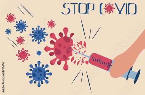A blow to the coronavirus. Stop coronavirus (covid-19) illustration. Infectious disease epidemic concept art poster. The concept of vaccination. 