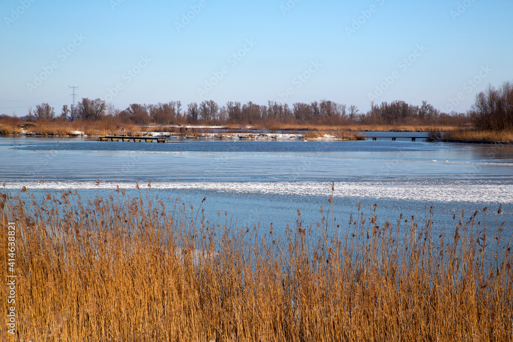 Snow and ice in Biesbosch National Park, North Brabant, Netherlands