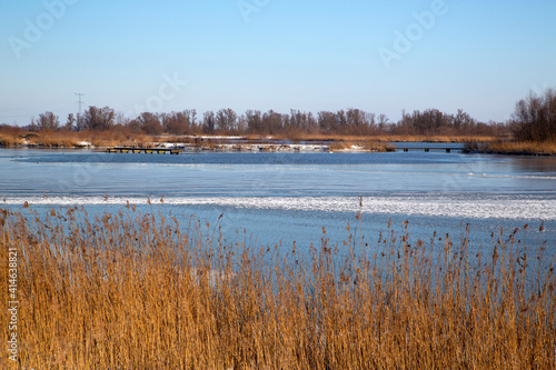 Snow and ice in Biesbosch National Park, North Brabant, Netherlands