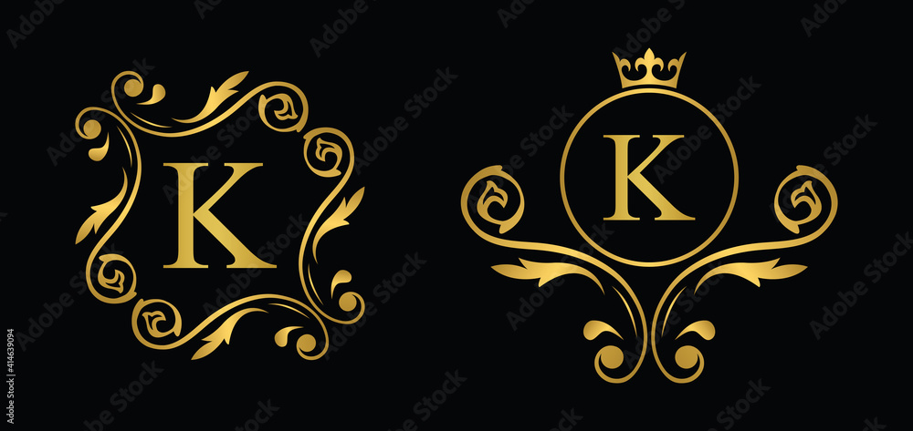 letter K. Golden flower alphabet. Beautiful capital letters.