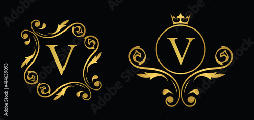 letter V. Golden flower alphabet. Beautiful capital letters.