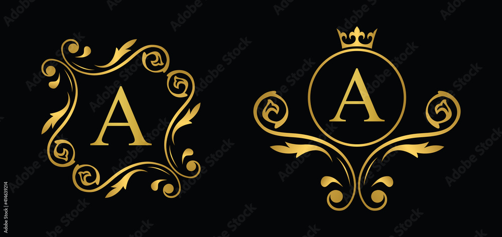 letter A. Golden flower alphabet. Beautiful capital letters.