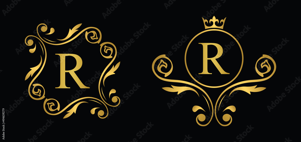 Fototapeta premium letter R. Golden flower alphabet. Beautiful capital letters.