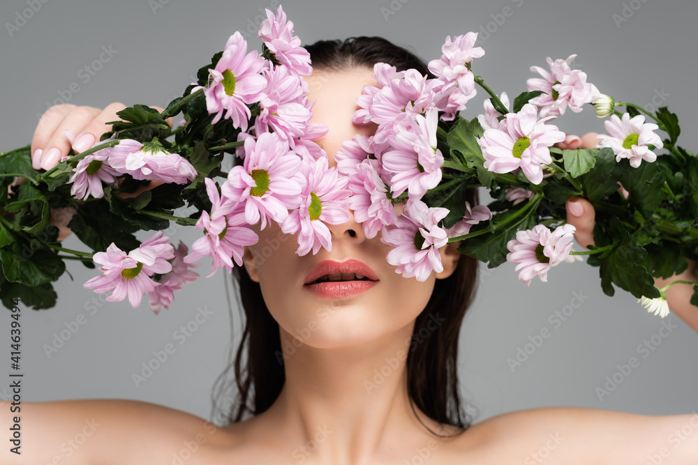 young woman covering eyes with pink flowers isolated on grey