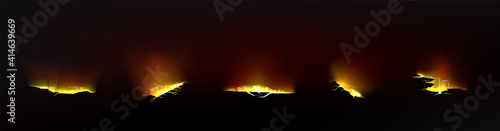 Ground cracks with gold light inside, breaks on land surface isolated on black background. Vector realistic set of fissure in ground with magic golden glow, glowing fractures and crevices