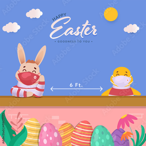 Cartoon Bunny And Chick Wear Medical Mask With Maintain Social Distancing To Protect From Coronavirus On The Occasion Of Happy Easter.