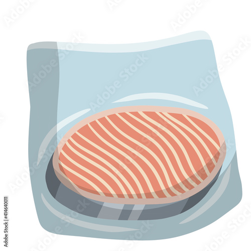 Packaging of frozen fish. Seafood and meat in package. Cartoon flat illustration. Supermarket product. Cold object