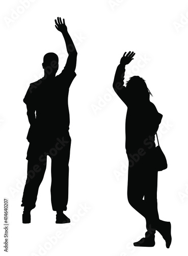 Couple in love waving hands greeting vector silhouette illustration isolated on white. Tourist boy hand wave saying hi to girl. Send off sign woman and man emotion. End of enjoy travel home departure.