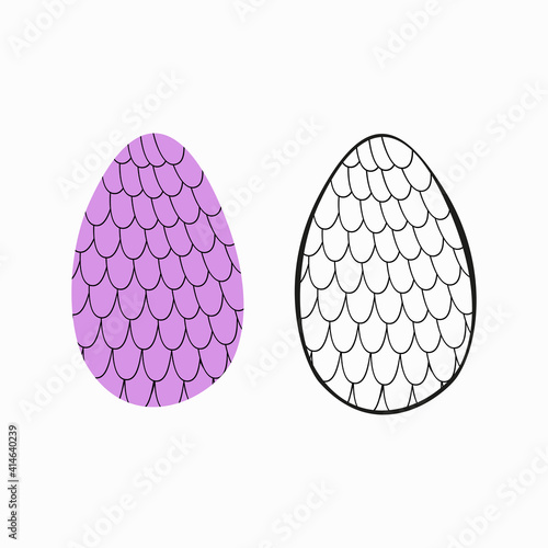 A vector illustration of two eggs ornamented with tiny pink scales isolated on white background. One egg is colored orange, another is black and white. Designed as a coloring book page for adults and 